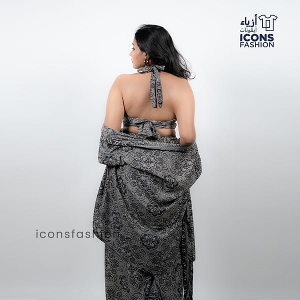 Women-grey-paisley-printed-halter-neck-crop-top-pants-co-ord-set-with-matching-shrug