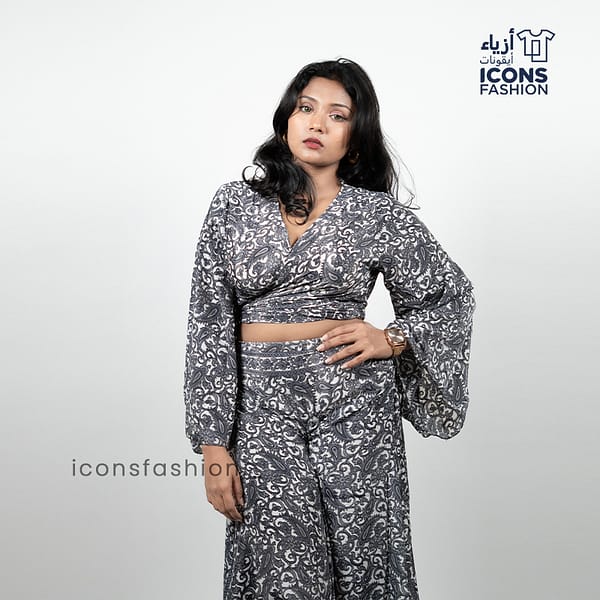 Women-grey-paisley-printed-crop-top-and-wide-leg-pants-co-ord-set-with-flared-sleeves