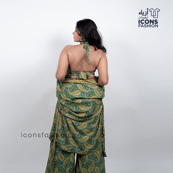 Women-green-paisley-printed-crop-top-wide-leg-pants-and-long-shrug-three-piece-co-ord-set