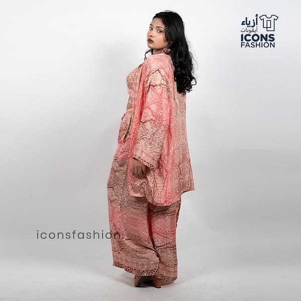 Women-peach-paisley-printed-crop-top-wide-leg-pants-and-long-shrug-three-piece-co-ord-set