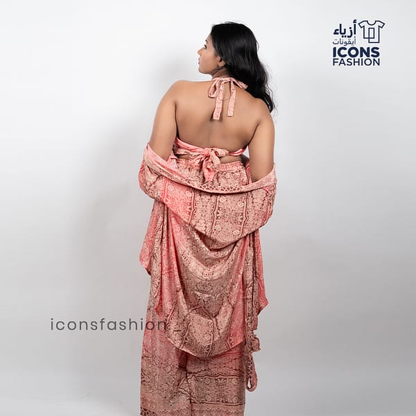 Women-peach-paisley-printed-crop-top-wide-leg-pants-and-long-shrug-three-piece-co-ord-set