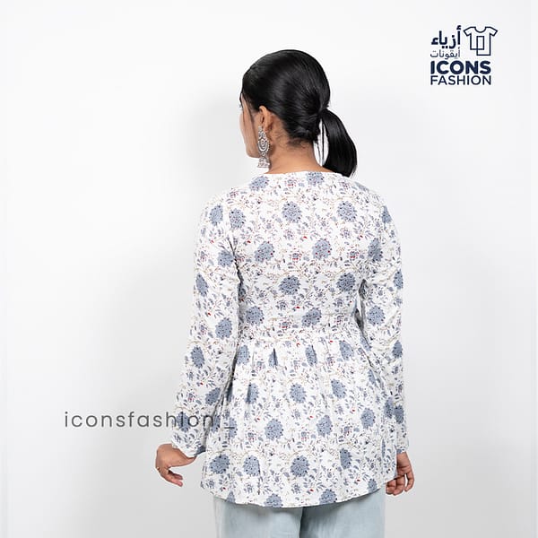 Women-white-and-blue-printed-flared-kurta-with-v-neck-and-long-sleeves
