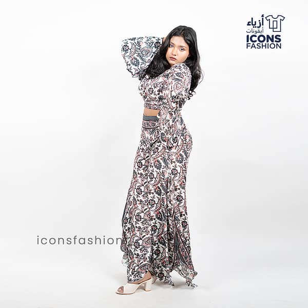 Multicolour-ladies-paisley-printed-crop-top-with-flared-skirt-co-ord-set