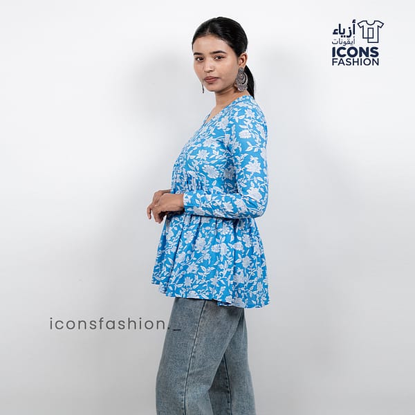 Blue-floral-printed-women’s-kurta-top-with-v-neck-and-long-sleeves