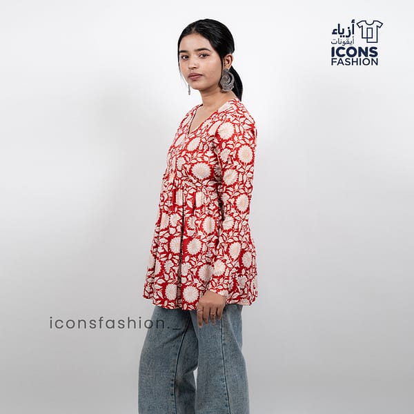 Red-floral-printed-women’s-kurta-top-with-v-neck-and-long-sleeves