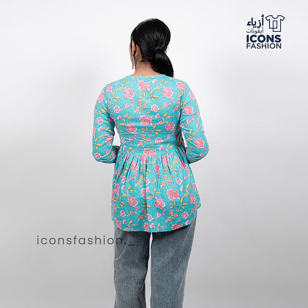 Blue-floral-printed-short-kurta-with-v-neck-and-long-sleeves