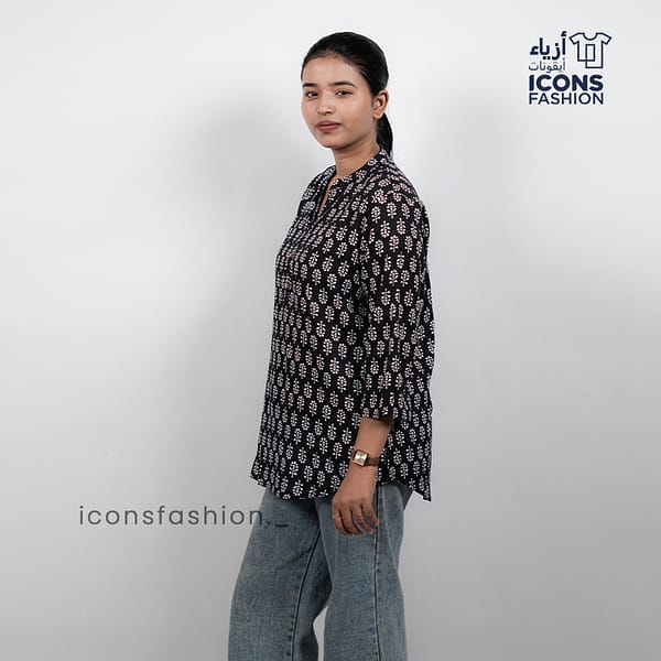 Black-printed-tunic-top-with-mandarin-collar-and-three-quarter-sleeves