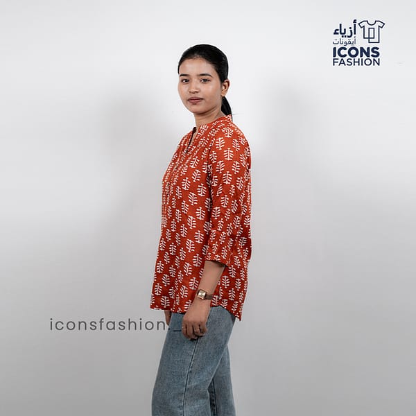 Women-red-printed-tunic-top-three-quarter-sleeves-mandarin-neckline