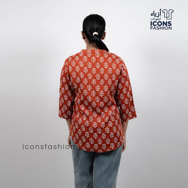 Women-red-printed-tunic-top-three-quarter-sleeves-mandarin-neckline