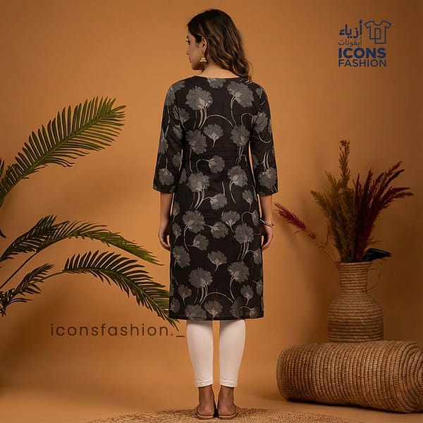 Women-black-printed-straight-kurta-with-round-neck-notch-and-three-quarter-sleeves