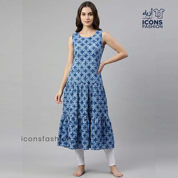 Blue-handblock-printed-cotton-kurta-dress-with-detachable-flared-hem-panel-round-neck-three-quarter-sleeves