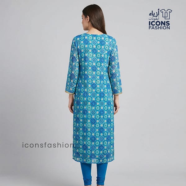 Teal-blue-layered-kurta-dress-with-floral-print-and-tie-up-waist
