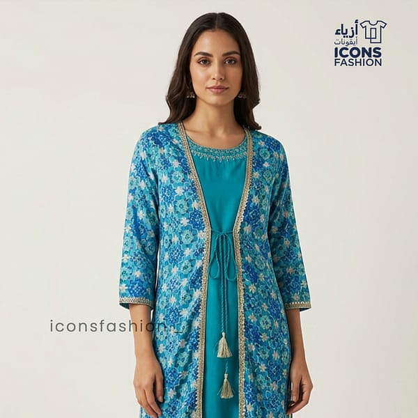Teal-blue-layered-kurta-dress-with-floral-print-and-tie-up-waist
