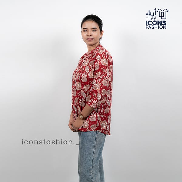 Red-floral-printed-womens-tunic-top-with-mandarin-collar-and-three-quarter-sleeves