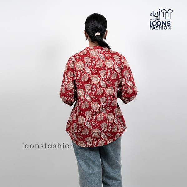 Red-floral-printed-womens-tunic-top-with-mandarin-collar-and-three-quarter-sleeves