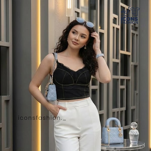 Woman-black-sweetheart-neckline-crop-top-with-lace-trim-and-spaghetti-straps