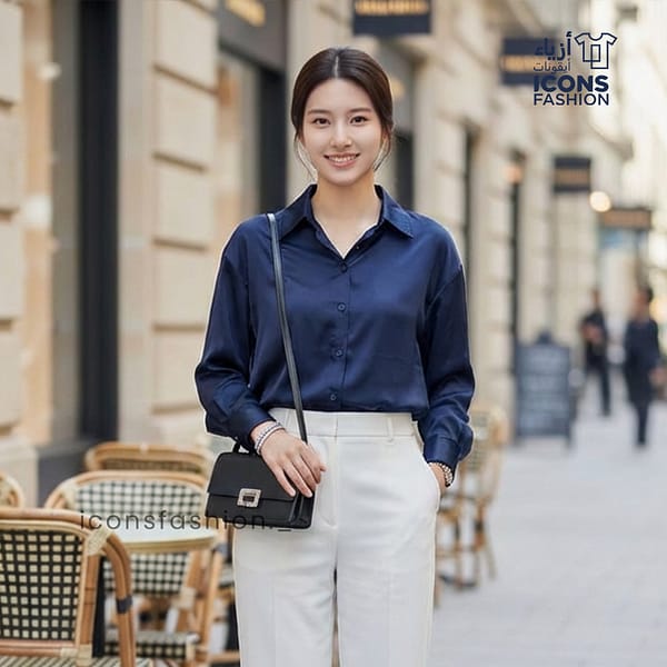 Woman-navy-blue-oversized-button-down-shirt-with-collared-neckline-full-sleeves