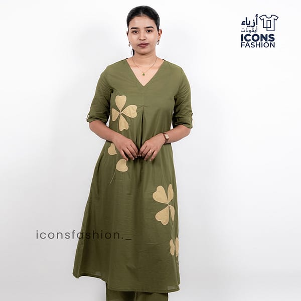 Women-olive-green-printed-kurta-co-ord-set-with-v-neck-and-straight-pants