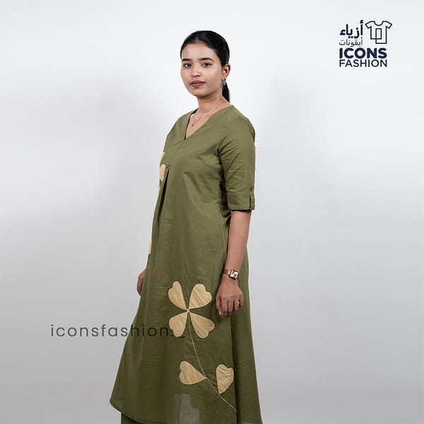 Women-olive-green-printed-kurta-co-ord-set-with-v-neck-and-straight-pants