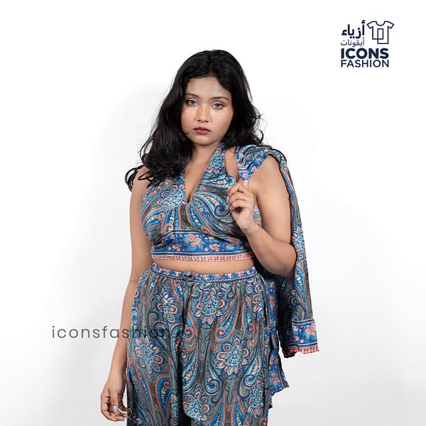 Women-blue-paisley-printed-dress-style-co-ord-set-with-crop-top-and-palazzo-pants-shrug