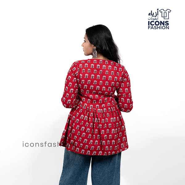 Woman-red-printed-kurta-with-v-neck-long-sleeves-and-flared-a-line-silhouette