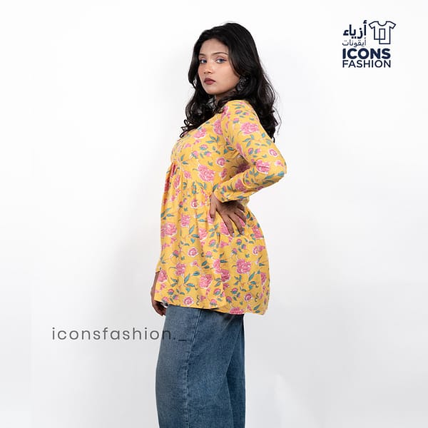Woman-yellow-floral-printed-kurta-with-v-neck-long-sleeves-and-flared-a-line-silhouette