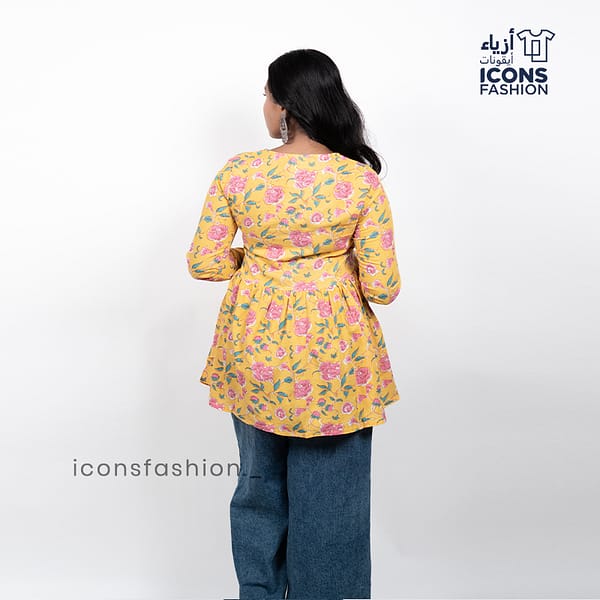 Woman-yellow-floral-printed-kurta-with-v-neck-long-sleeves-and-flared-a-line-silhouette