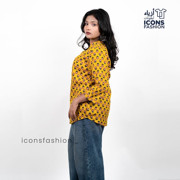 Women-mustard-yellow-floral-printed-tunic-top-with-mandarin-collar-three-quarter-sleeves-straight-hemline-and-relaxed-fit