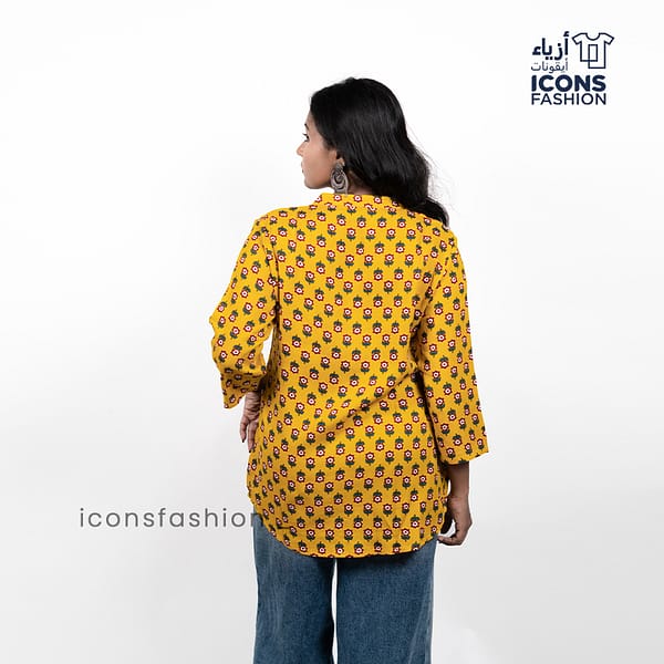 Women-mustard-yellow-floral-printed-tunic-top-with-mandarin-collar-three-quarter-sleeves-straight-hemline-and-relaxed-fit