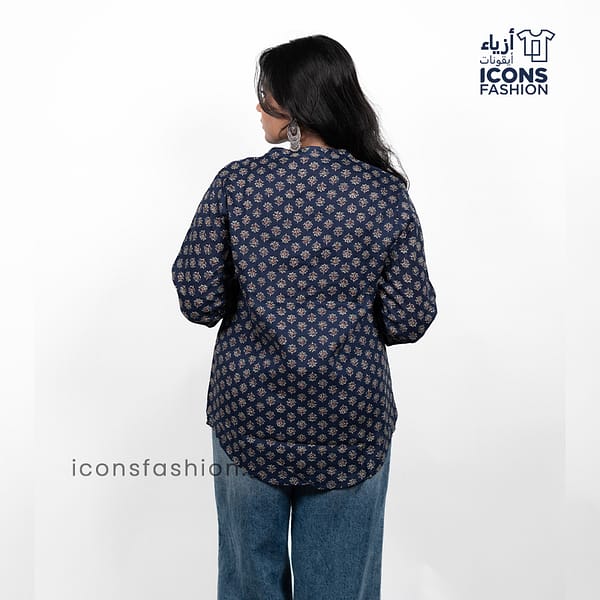 Navy-blue-printed-tunic-top-with-three-quarter-sleeves-and-round-notched-neckline