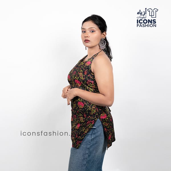 Black-floral-printed-women’s-halter-neck-kurta-top-with-tie-back-lace-up-detail