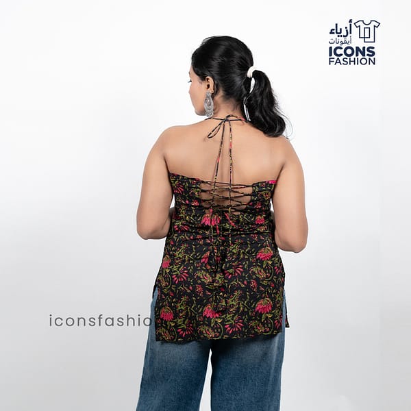 Black-floral-printed-women’s-halter-neck-kurta-top-with-tie-back-lace-up-detail