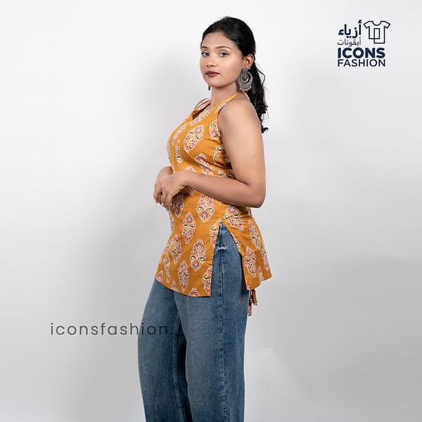 Mustard-yellow-floral-printed-women’s-halter-neck-kurta-top-with-tie-back-lace-up-detail