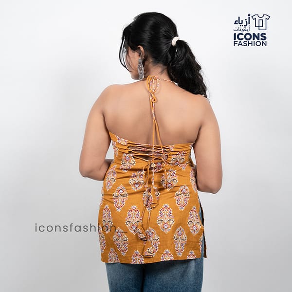 Mustard-yellow-floral-printed-women’s-halter-neck-kurta-top-with-tie-back-lace-up-detail