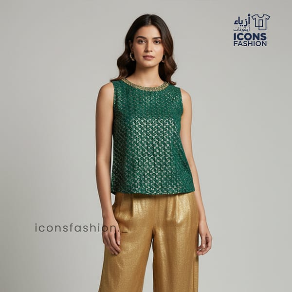 Women-green-sleeveless-embellished-top-with-gold-detailed-round-neckline
