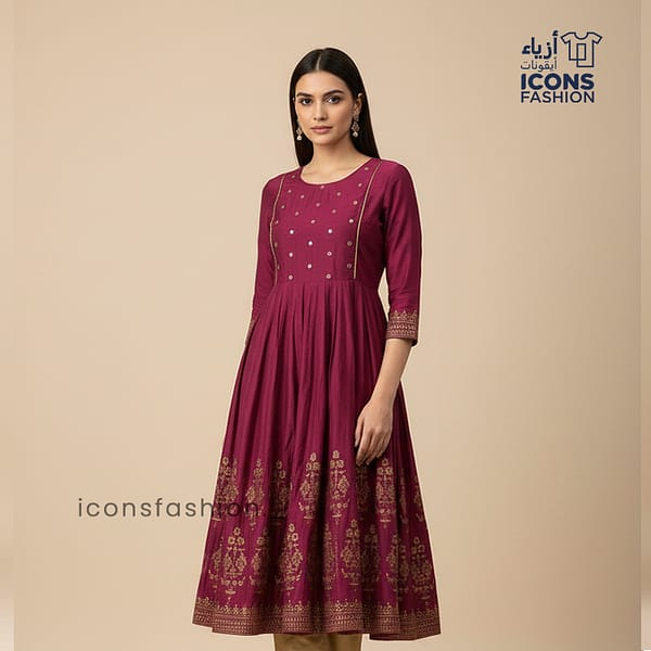 Woman-maroon-flared-anarkali-kurta-with-round-neck-three-quarter-sleeves-gold-printed-yoke-and-hem