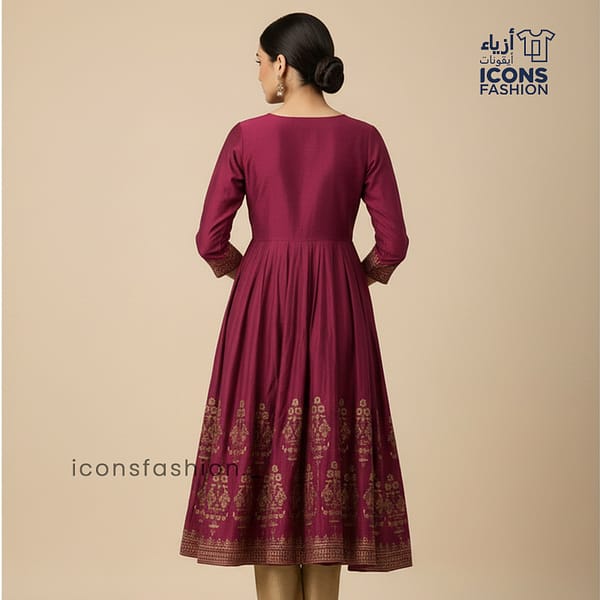 Woman-wine-flared-anarkali-kurta-with-round-neck-three-quarter-sleeves-gold-printed-yoke-and-hem