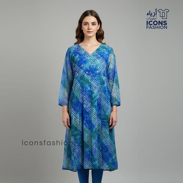 Woman-blue-printed-a-line-kurta-with-v-neck-and-three-quarter-sleeves