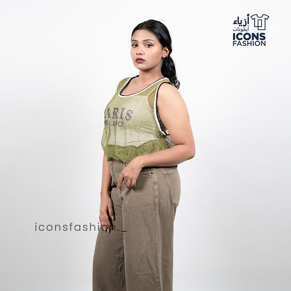 Women-olive-green-sleeveless-mesh-top-with-round-neckline-contrast-piping-and-paris-graphic-print