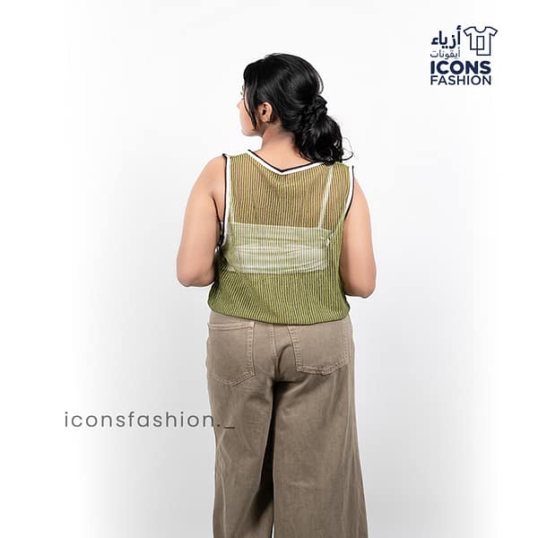 Women-olive-green-sleeveless-mesh-top-with-round-neckline-contrast-piping-and-paris-graphic-print