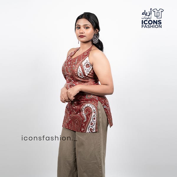 Woman-maroon-paisley-printed-sleeveless-halter-neck-kurta-with-open-back-and-tie-up-detail