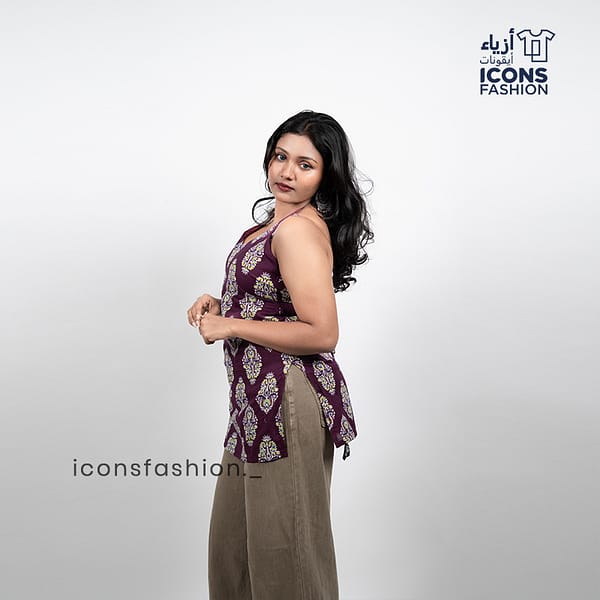 Woman-purple-printed-sleeveless-halter-neck-kurta-with-straight-silhouette