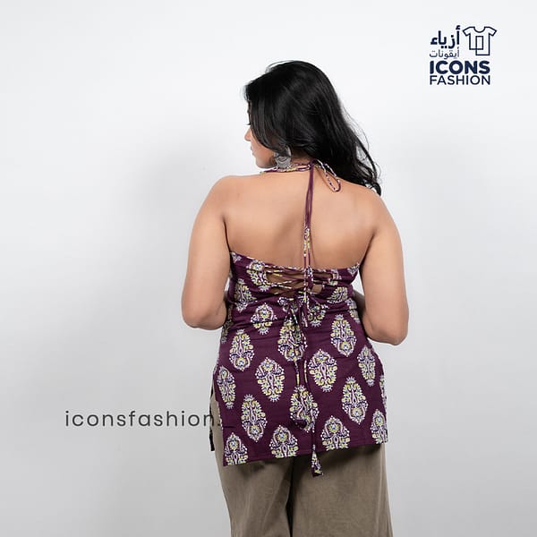 Woman-purple-printed-sleeveless-halter-neck-kurta-with-straight-silhouette