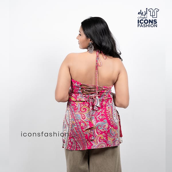 Woman-pink-printed-sleeveless-halter-neck-kurta-with-straight-silhouette