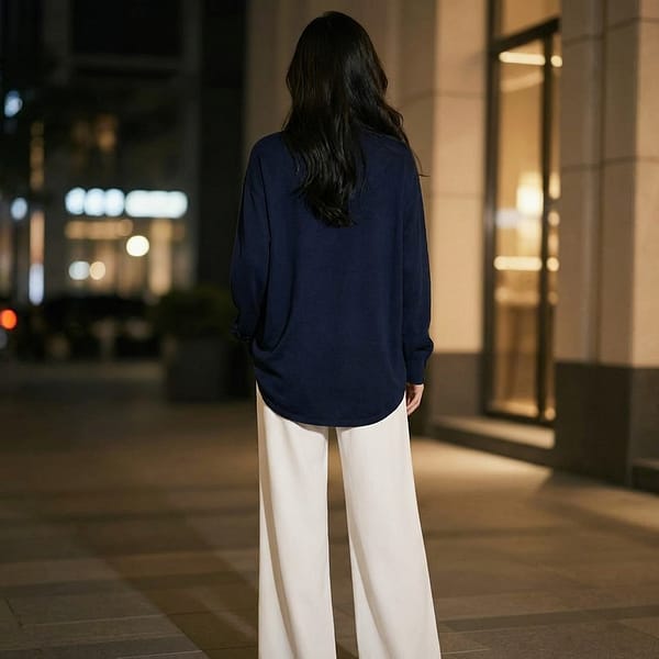Woman-navy-blue-long-sleeve-button-down-shirt-with-embellished-collar