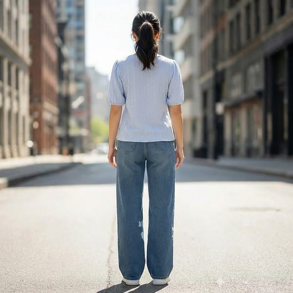 Women-blue-puff-sleeve-textured-knit-top-with-round-neck