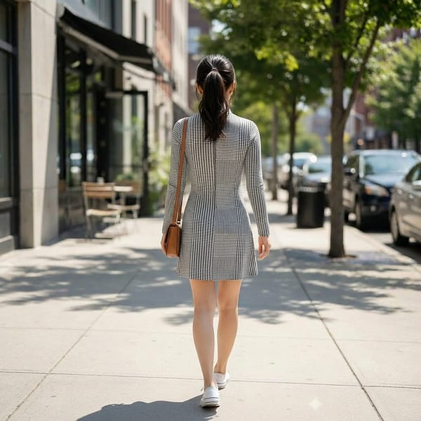 Women-grey-micro-check-long-sleeve-fit-dress-with-back-zip-closure