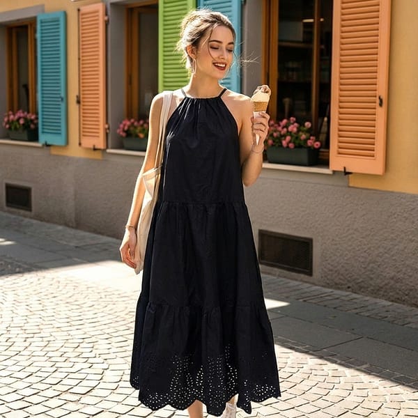 Women-black-sleeveless-halter-neck-tiered-midi-dress-with-eyelet-hem