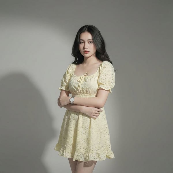 Women-yellow-eyelet-mini-dress-with-square-neck-puff-sleeves-smocked-waist-and-fit-and-flare-silhouette