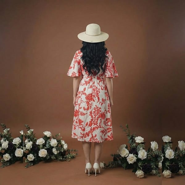 Women-dress-with-red-floral-print-v-neck-short-sleeves-and-a-line-silhouette